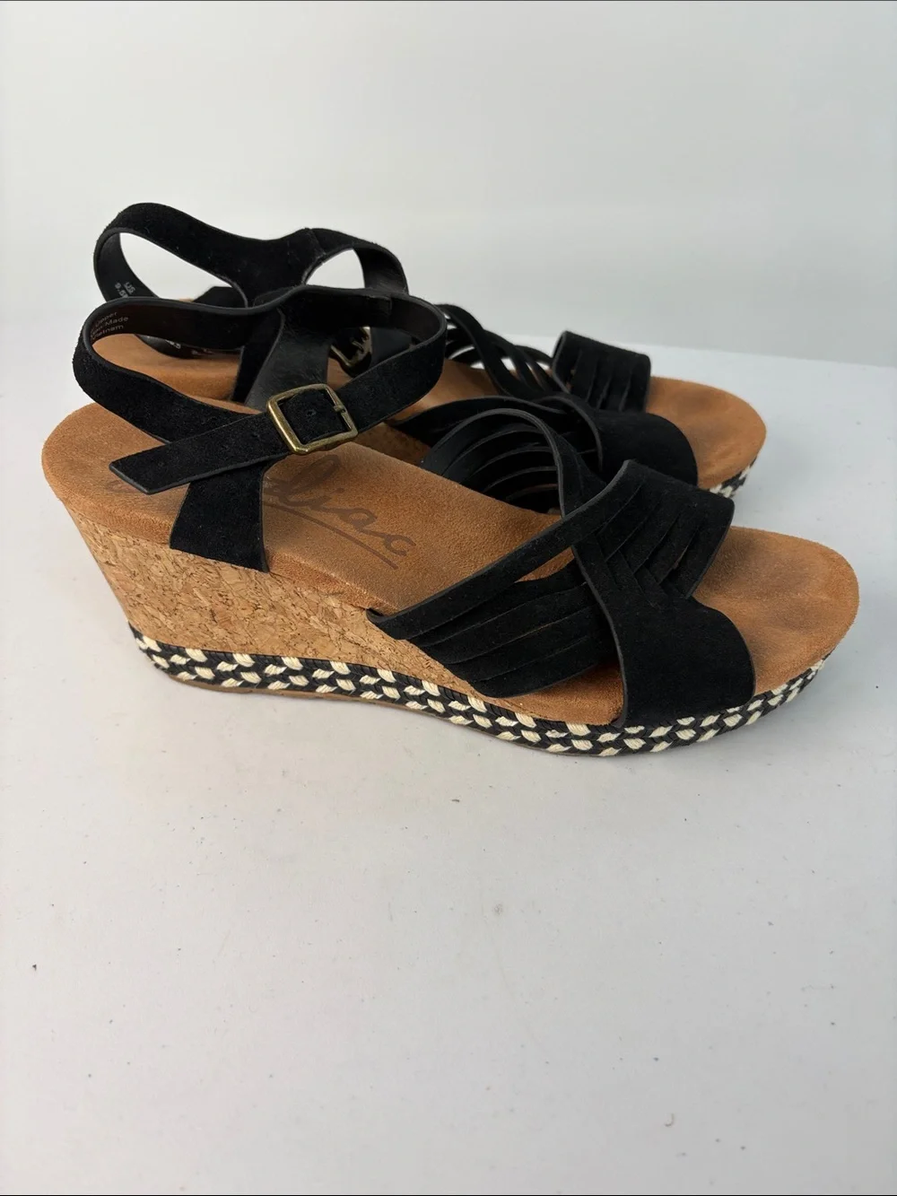 🐚 Zodiac Black Suede Cork Espadrille Wedges Paola